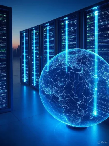 A digital globe displaying Earth's continents floats near server racks in a high-tech data center.