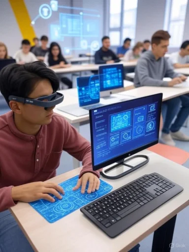 Student wears augmented reality glasses, interacts with holographic digital interface in a high-tech classroom.