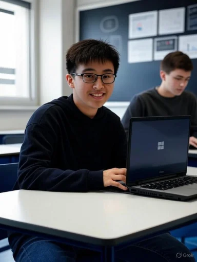 A student in a classroom smiling at the camera with a laptop open in front of him. A student in a classroom smiling at the camera with a laptop open in front of him.