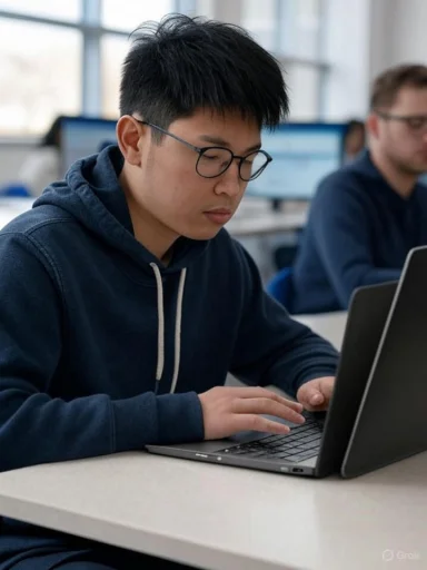 A young man with glasses working on a laptop in a classroom or library setting.