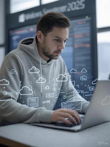 Young man working on a laptop with digital cloud and code overlays at an airport.