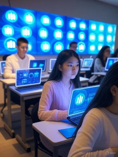 Students working on laptops in a high-tech classroom with digital displays and blue lighting.