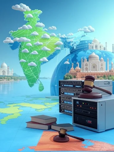 A digital collage blending India’s map and landmarks with legal symbols like a gavel and law books.