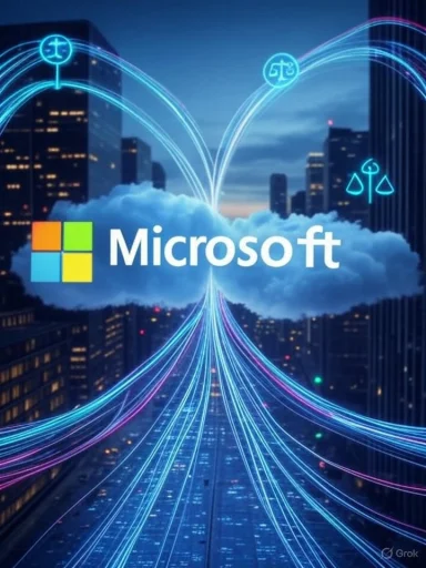 Digital network connections converging over a cityscape with the Microsoft logo at the center.
