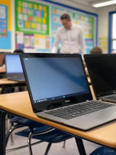 A classroom with open laptops on desks and a teacher in the background, blurred and standing.