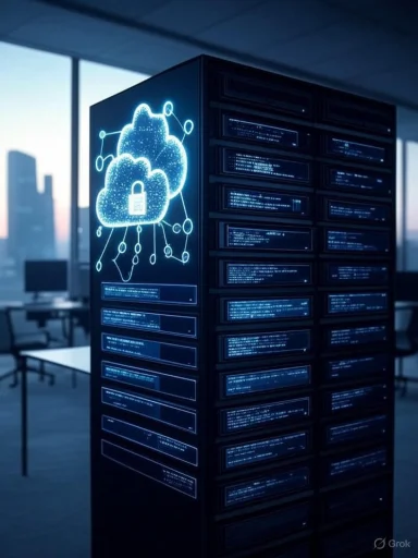 A data server rack with a glowing cloud and lock icon, symbolizing secure cloud computing in an office setting.
