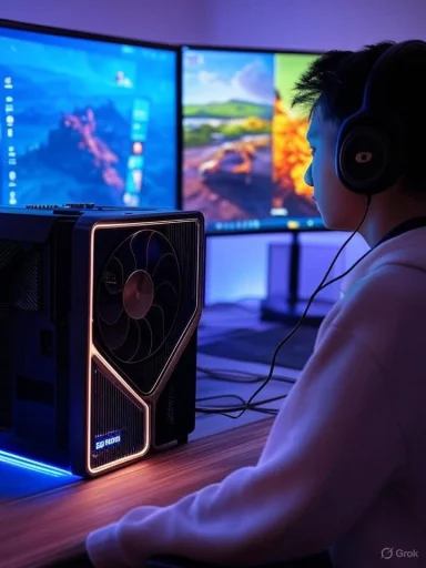 A person wearing headphones gaming at a desk with a high-performance PC and dual monitors displaying colorful backgrounds. A person wearing headphones gaming at a desk with a high-performance PC and dual monitors displaying colorful backgrounds.