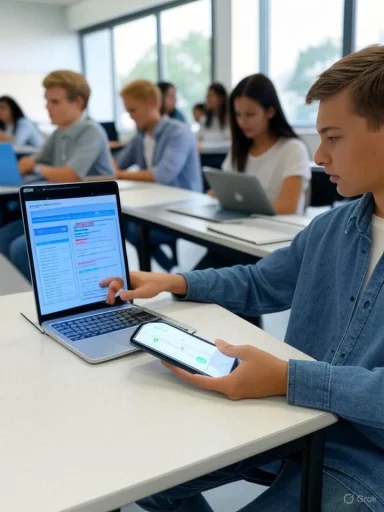 A student in a classroom uses both a laptop and a smartphone during a lesson.