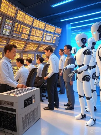 Humans and robots collaborate in a high-tech control room with large digital screens and advanced machinery. Humans and robots collaborate in a high-tech control room with large digital screens and advanced machinery.
