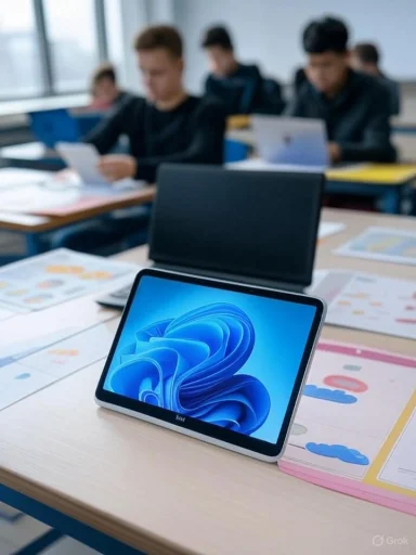 A tablet displaying Windows 11 is placed on a table in front of students working in a classroom.