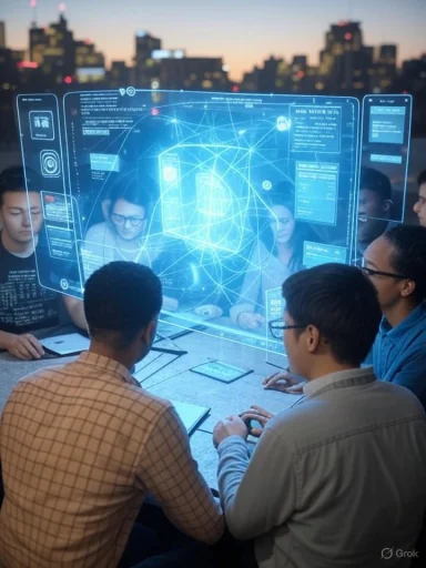 A diverse group of people collaborates around a table with a holographic digital interface displaying complex data and connected networks.