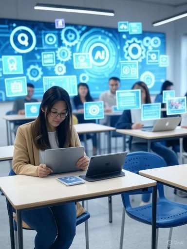 Students in a high-tech classroom engaged with tablets and laptops, with digital graphics projected on a screen behind them.