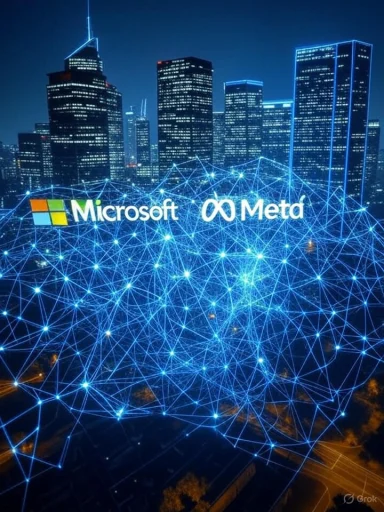 A digital cityscape at night featuring interconnected blue lines with Microsoft and Meta logos prominently displayed.
