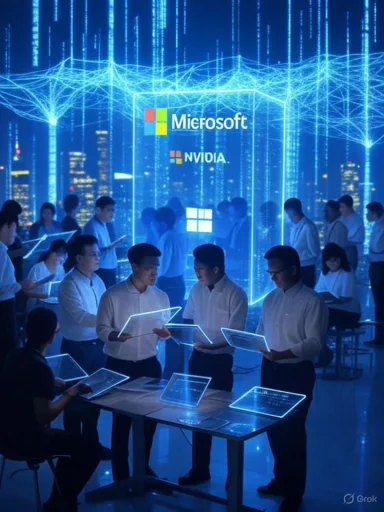 People interacting with transparent digital screens in a futuristic setting featuring Microsoft, NVIDIA, and Microsoft logos.