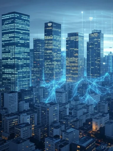 Futuristic cityscape with interconnected digital lines flowing between skyscrapers at night.