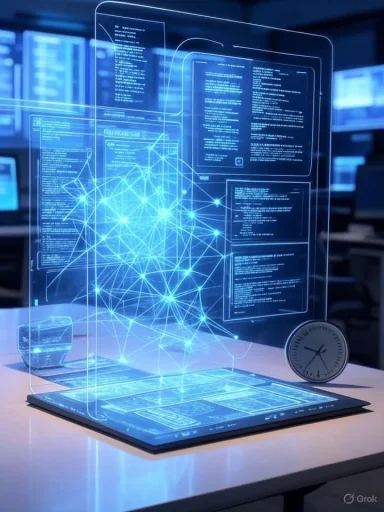 A futuristic holographic interface displaying coding and network diagrams on a tablet, with a transparent screen in a high-tech setting.