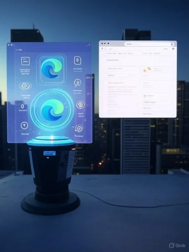 A holographic display shows app icons and a webpage interface against a city skyline at dusk.