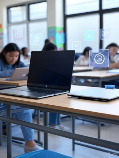 Classroom with students using laptops and digital interfaces floating in the air. Classroom with students using laptops and digital interfaces floating in the air.