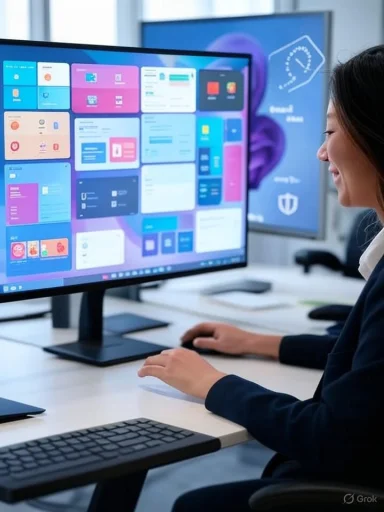 A woman works at a desk with multiple monitors displaying colorful digital interface designs.