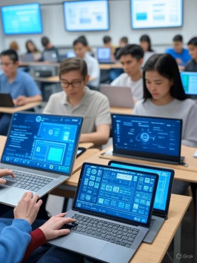 Students using laptops with futuristic digital interfaces in a classroom setting.