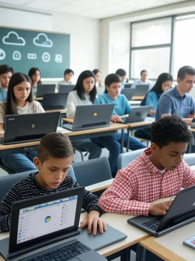 Students in a classroom are focused on their laptops during a computer lesson.