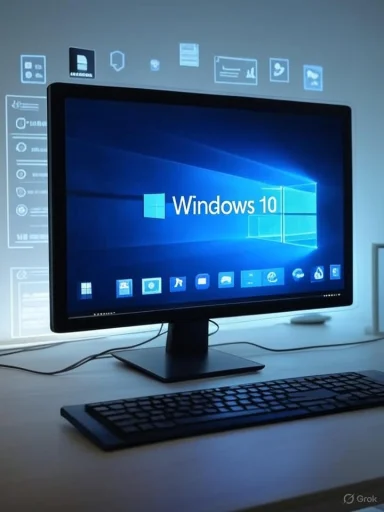 A computer monitor displays the Windows 10 desktop with icons and digital overlays on a desk setup. A computer monitor displays the Windows 10 desktop with icons and digital overlays on a desk setup.
