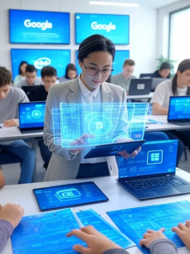 A woman in a business suit interacts with advanced holographic digital displays in a tech-focused classroom.