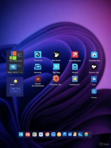 A digital desktop with various app icons arranged in a grid against a purple and blue abstract background.