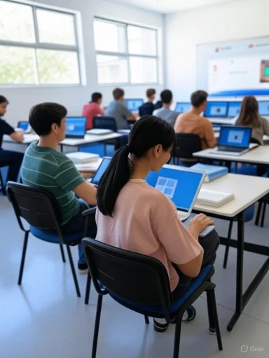 Students in a classroom using laptops during a computer class or workshop. Students in a classroom using laptops during a computer class or workshop.