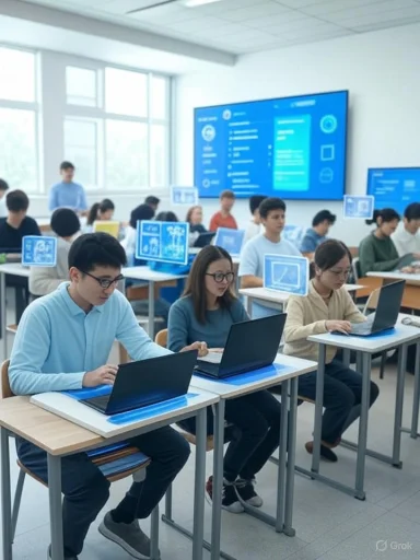 Students work on laptops in a classroom with a large digital screen displaying data and information at the front.