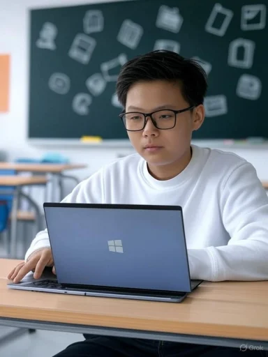 A student with glasses working on a laptop in a classroom with a chalkboard background.