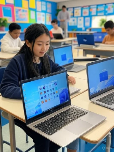 Students working on laptops in a classroom, focused on their digital assignments.