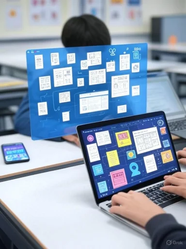 A student works on digital documents and holographic displays in a modern classroom setting. A student works on digital documents and holographic displays in a modern classroom setting.