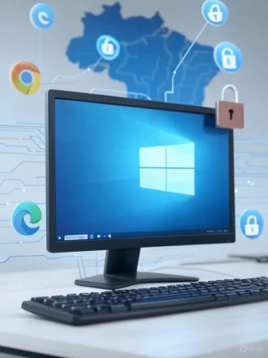 A Windows computer with cybersecurity icons and a lock overlay, emphasizing digital security and privacy.
