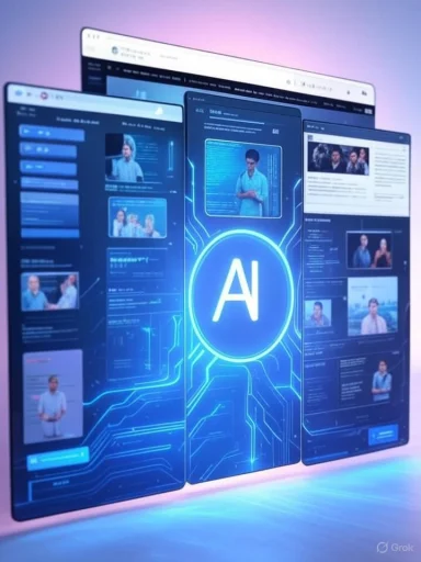 Digital interface screens displaying AI-powered video analysis or content management with a central AI icon.