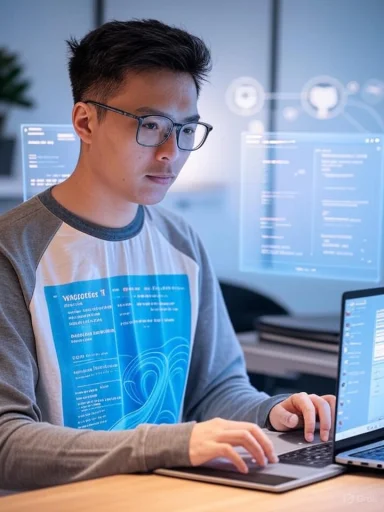 A young man uses a laptop with virtual holographic screens displaying data and code in a high-tech environment.