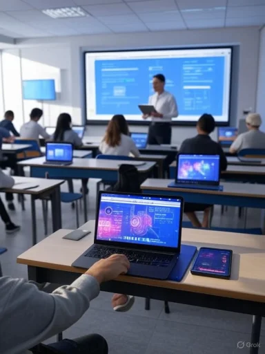 A classroom scene with students using laptops and tablets, while an instructor presents at the front on a large screen. A classroom scene with students using laptops and tablets, while an instructor presents at the front on a large screen.