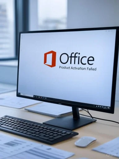 A computer monitor displays an Office logo with the message 'Product Activation Failed' on a cluttered desk.