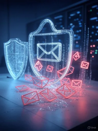 Digital hologram of email security shields and envelopes representing cybersecurity and protection of emails.