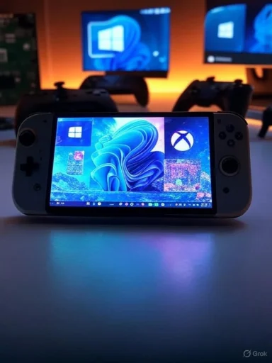 A handheld gaming device displays a Windows desktop with Xbox app icon, set against a background of monitors showing Windows logos.