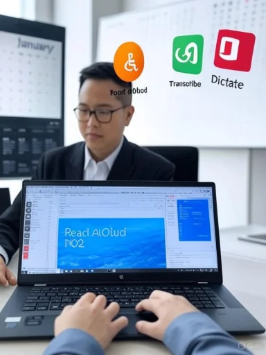 A professional discusses assistive technologies, including features like text-to-speech and transcription, with a focus on a laptop screen. A professional discusses assistive technologies, including features like text-to-speech and transcription, with a focus on a laptop screen.