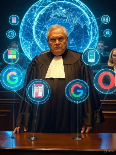 A judge in a courtroom with digital icons of tech giants and apps, symbolizing the influence of technology in justice.