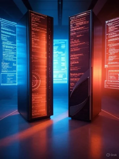 Futuristic data servers illuminated by red and blue lights display scrolling code in a high-tech environment.
