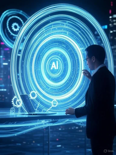 A man in a suit interacts with a digital interface featuring a glowing AI hub and interconnected gear graphics.