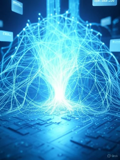 A digital representation of a neural network glowing with interconnected blue lines over a computer circuit board.
