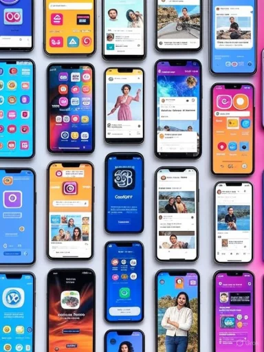 Multiple smartphones display various social media, messaging, and app screen interfaces on a flat surface.