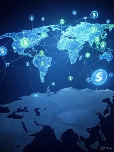 A digital world map with interconnected financial icons and dollar symbols representing global economic connections.