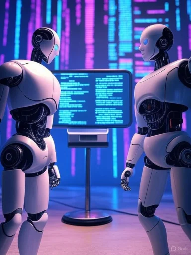 Two humanoid robots analyzing data on a digital screen in a high-tech environment.