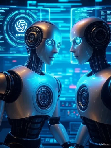 Futuristic humanoid robots face each other amid digital interfaces displaying data and holographic graphics.