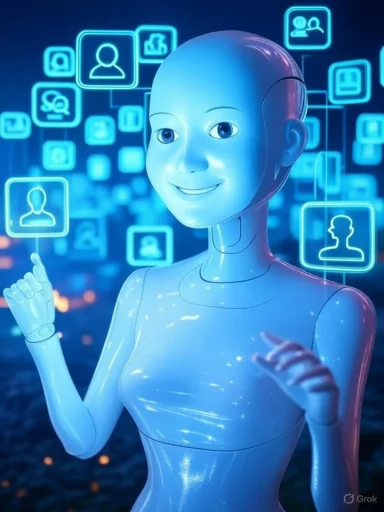 A humanoid robot interacts with digital icons representing social media and user profiles in a futuristic virtual environment.
